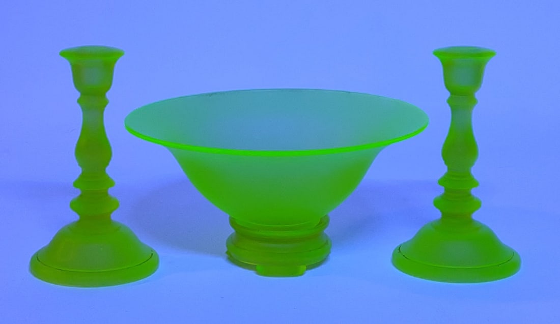 Tiffin Satin Vaseline Glass Candlesticks & Bowl (1 of 6)