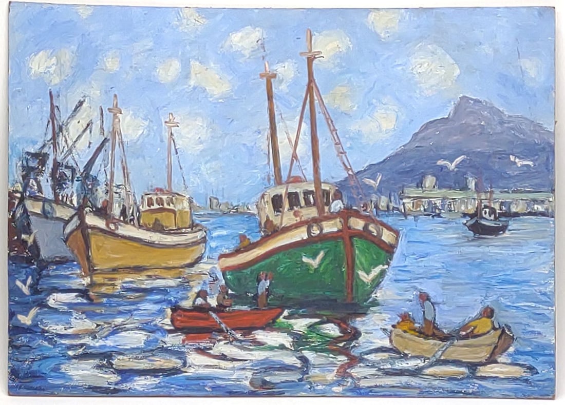 Kenneth Baker (1931-1995) Oil On Board Painting: Cecil Kenneth Baker (1931-1995 South Africa) original oil on masonite board painting. Hand painted scene of work boats, rowboats, and ships traveling through the Cape Town Harbour, South Africa. Board