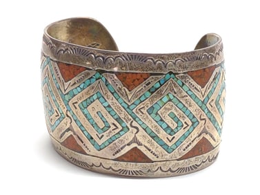 Native American Sterling Turquoise & Coral Cuff