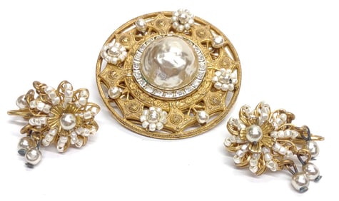 Vintage Miriam Haskell Brooch & Clip Earrings Set
