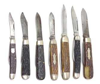 7 Vintage Stag Folding Knives (Ka-Bar, Boker, Romo