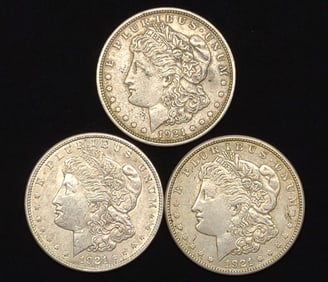 (3) Morgan Dollar US Coins (1921, 1921-D & 1921-S)