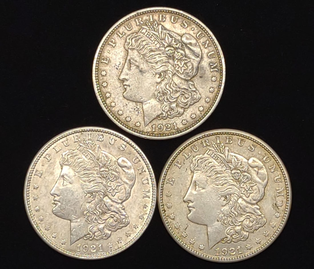 (3) Morgan Dollar US Coins (1921, 1921-D & 1921-S) (1 of 12)