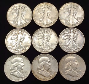 9 Walking Liberty & Franklin Half Dollar US Coins