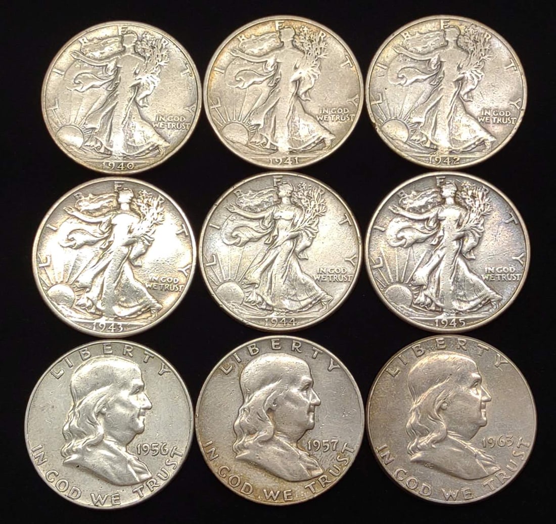 9 Walking Liberty & Franklin Half Dollar US Coins (1 of 11)