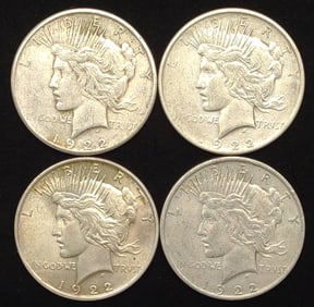 (4) Peace Dollar US Coins (1922, 1922-S, 1922-D)