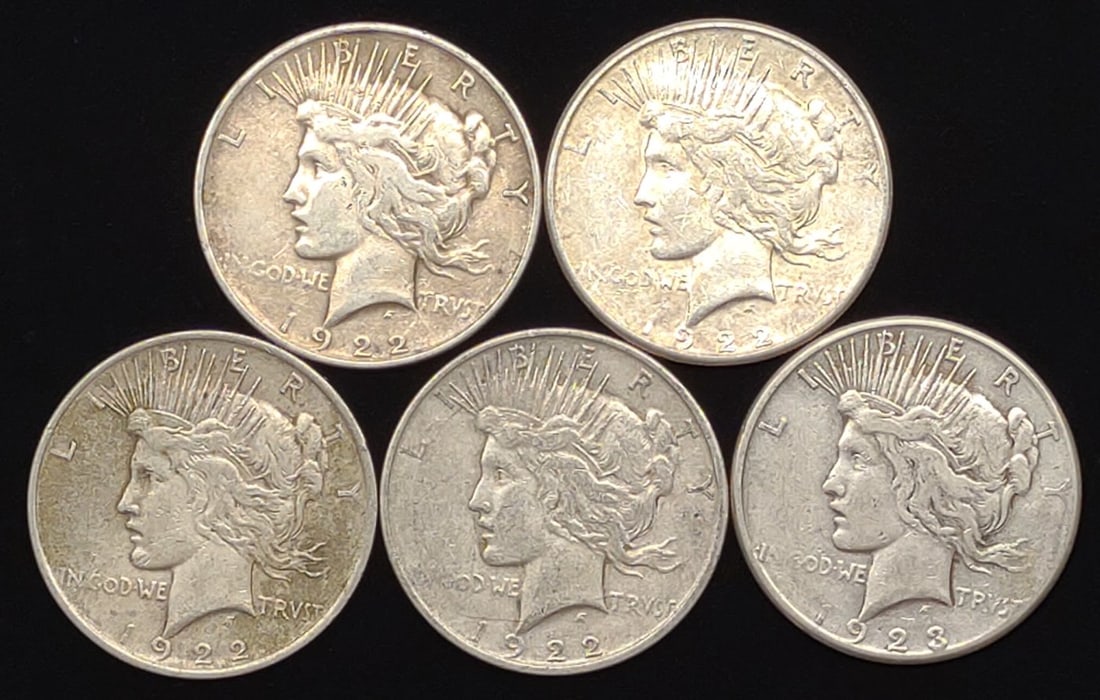 (5) Peace Dollar US Coins (1922-S, 1922-D, 1923-S) (1 of 10)