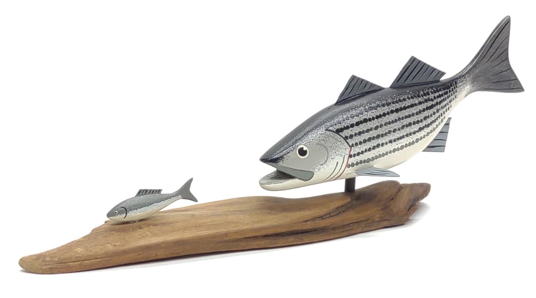 Jim Burtis Carved Striped Bass Fish Decoy: Jim Burtis (Riva, MD) wooden carved striped bass fish sculpture. Signed Jim Burtis, Riva MD on bottom on base. Underside of fish is signed "JTB". 13" long. Measures approx.: 13 x 3 x 5 in. SHIPPING OP