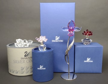 (4) Swarovski Flower Crystal Figurines w/ Boxes