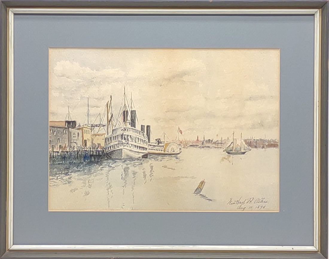 1894 Winthrop B. Allen Watercolor of Steamboat: Antique 1894 Winthrop B. Allen artist signed original watercolor painting. Painting depicts steam and sail boats in a city harbor with some docked and others sailing. Painting is professionally framed