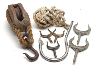 7 Antique Ship Items Gaff Hook, Pulley, Oak Locks