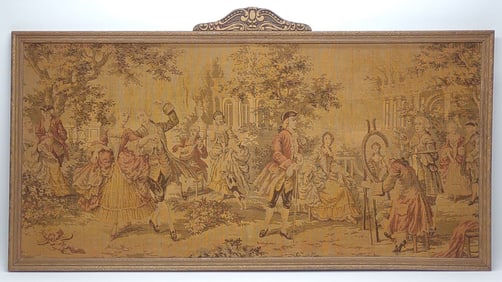 1920s Frame Stretched Tapestry of Courtyard Scene