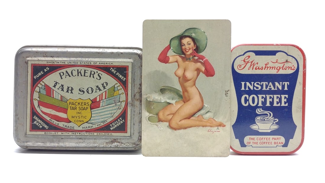 3 Vintage Advertising Tins & Pin-Up Calendar Card (1 of 9)