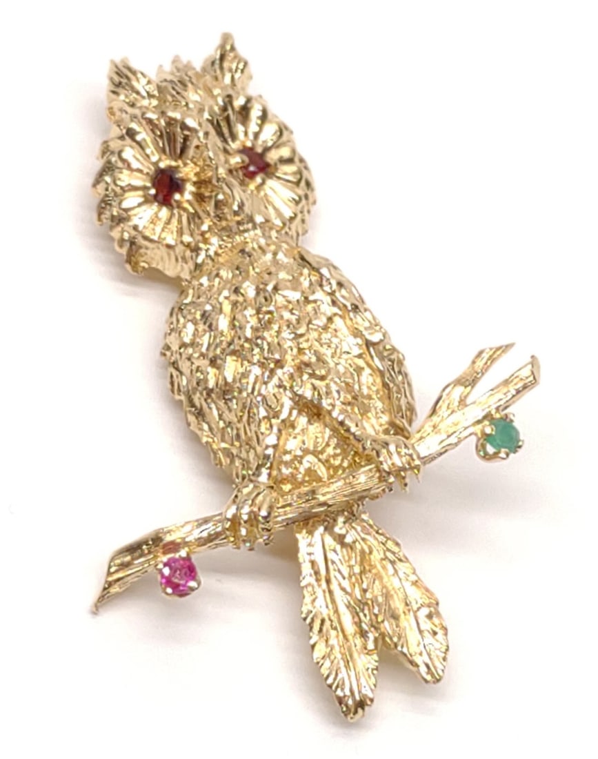 14K Gold Ruby, Emerald & Garnet Owl Brooch / Pin (1 of 8)