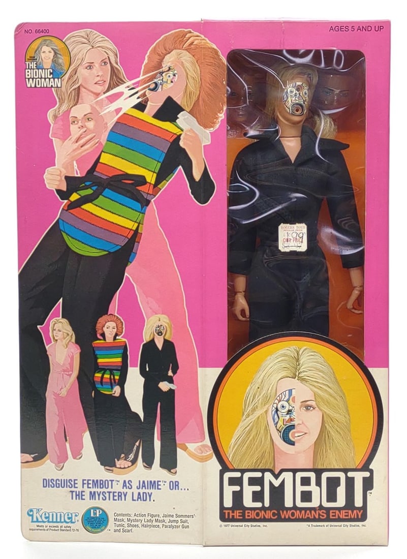 Sealed 1977 Fembot Bionic Woman Action Figure: Vintage 1977 Kenner The Bionic Woman Fembot No. 66400 action figure toy factory sealed in original box. Features interchangeable face masks including Jaime and The Mystery Lady. Box is marked "Kenner