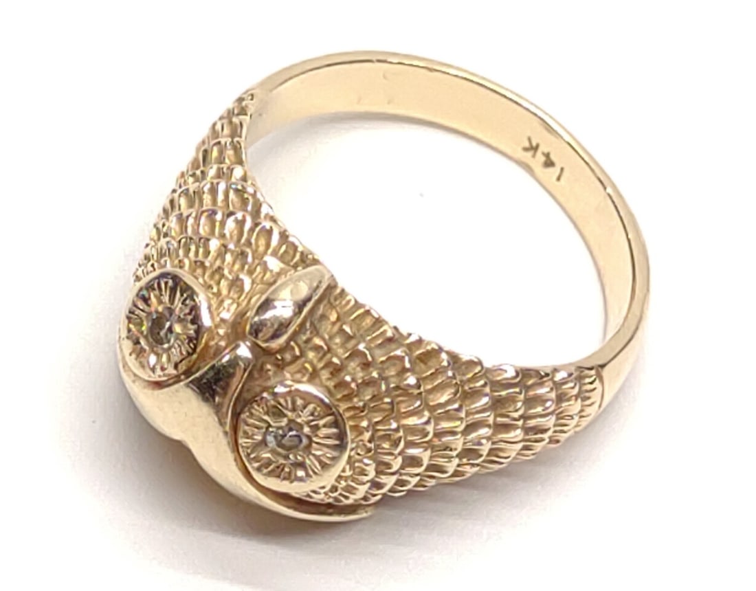 14K Gold & Diamond Owl Form Ring (sz 6.25): 14 karat yellow gold & diamond owl form ring. Features feathered owl head with two round cut diamonds for eyes (0.04 ctw). Inner band is marked "14K". Has been tested for gold purity and diamonds.