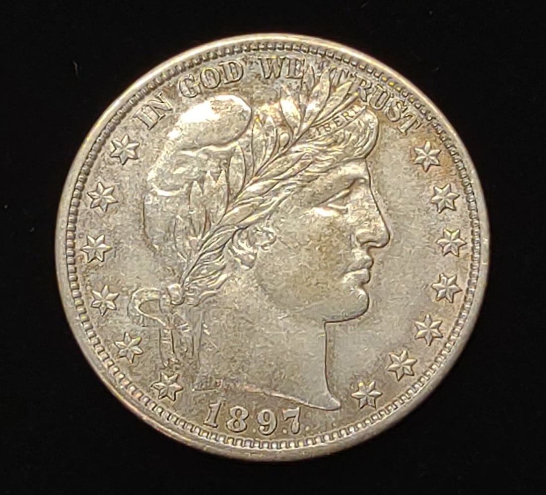 1897 Barber Half Dollar US Coin: 1897 Barber half dollar US coin. 90% silver. FV: $0.50. Designer: Charles E. Barber. SHIPPING OPTIONS AVAILABLE: UPS 'Pack & Ship' or LiveShipping. In-house shipping available for INTERNATIONAL