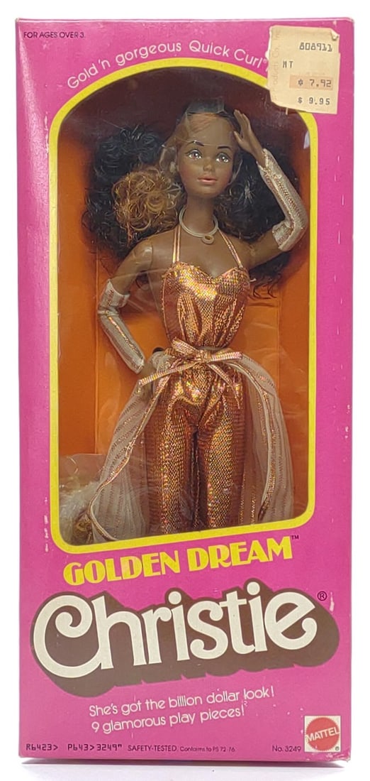 1980 Golden Dream Christie Barbie Doll In Box: Vintage 1980 Mattel Golden Dream Christie No. 3249 Barbie doll toy in original box. Includes original accessories, plastic factory head band packaging and mounted twist tie. Never removed from box.