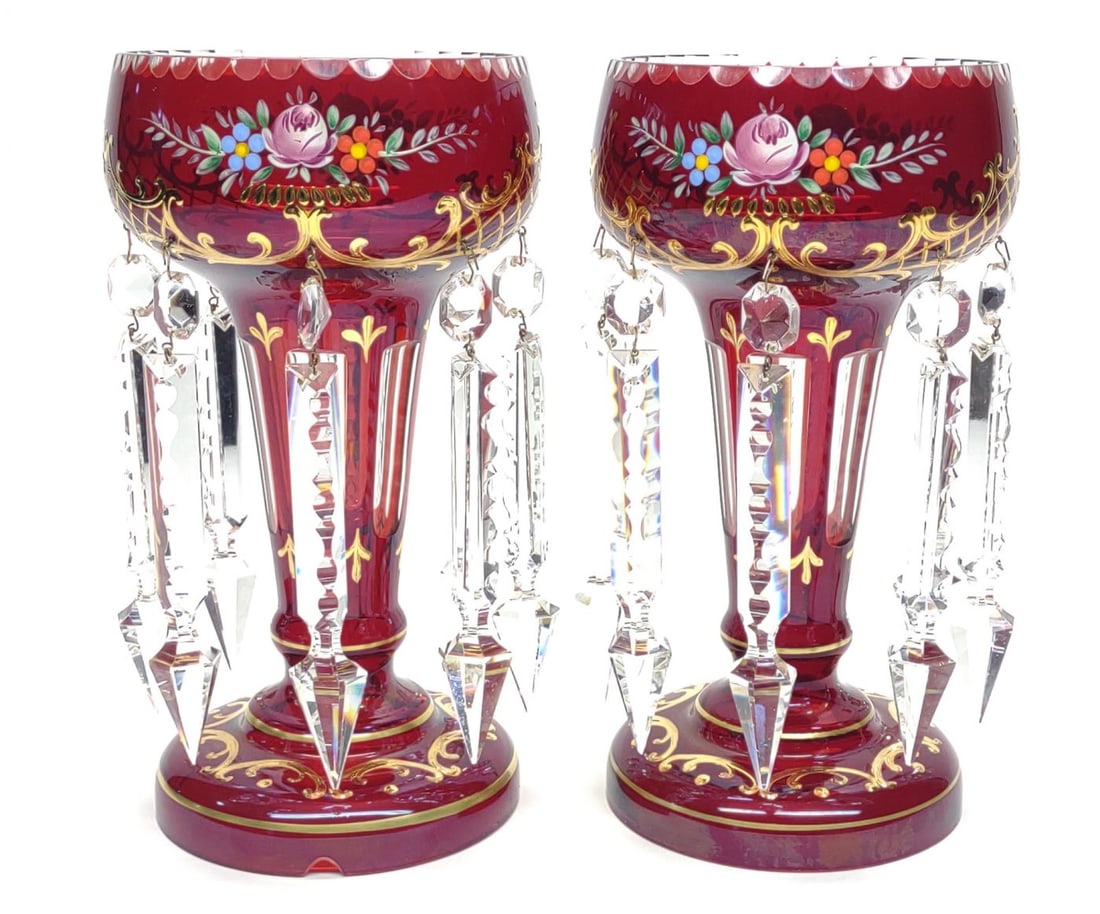 Pr of Ruby Red Enamel Mantle Lusters w/ Cut Prisms (1 of 11)