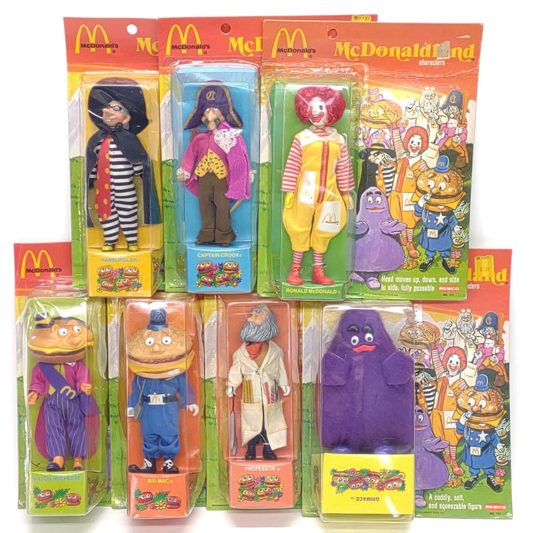 (7) 1976 Remco McDonaldland Action Figures Sealed: 7 vintage 1976 Remco McDonaldland character action figure toys, factory sealed in original blister packs. Complete set of all 7 Mcdonalds characters. Includes Ronald McDonald, Grimace, Hamburglar, Cap