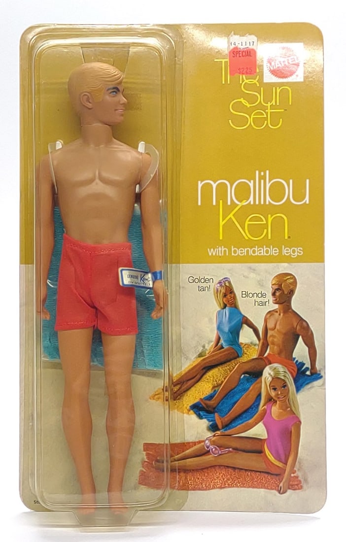 1970 Mattel Sun Set Malibu Ken Doll Sealed in Box: Vintage 1970 Mattel The Sun Set Malibu Ken No. 1088 Barbie doll toy sealed in original blister pack / box. Bendable legs. Blister pack is marked "Mattel 1970". Blister pack measures approx. 13 1/4 x 8