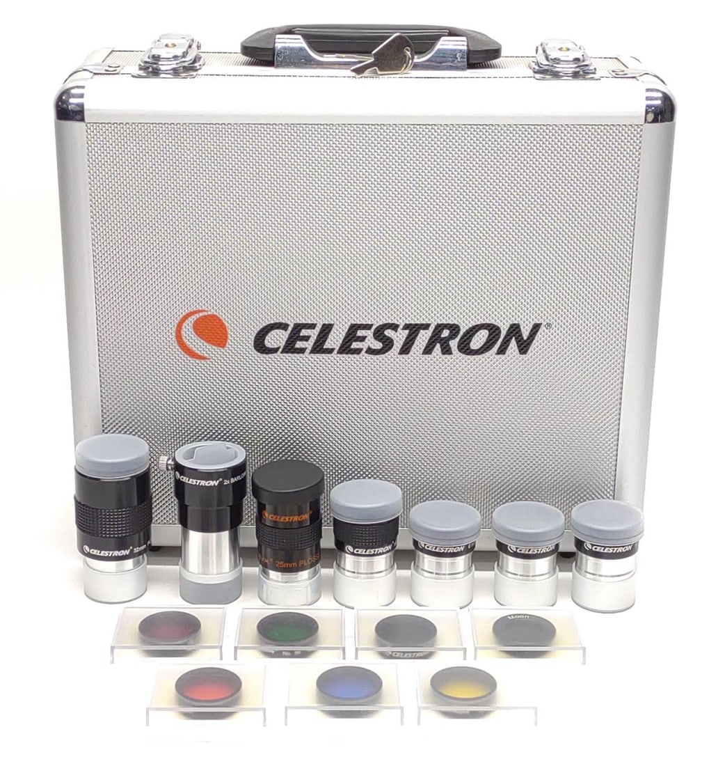 Celestron Telescope Eyepiece & Filter Lens Set: Celestron telescope eyepiece & filter lens kit. Set includes Celestron locking metal hardcase with foam inserts, 7 eyepieces, 7 filters, manual, and keys to hard case. Lenses includes 4mm, 6mm, 9mm, 1