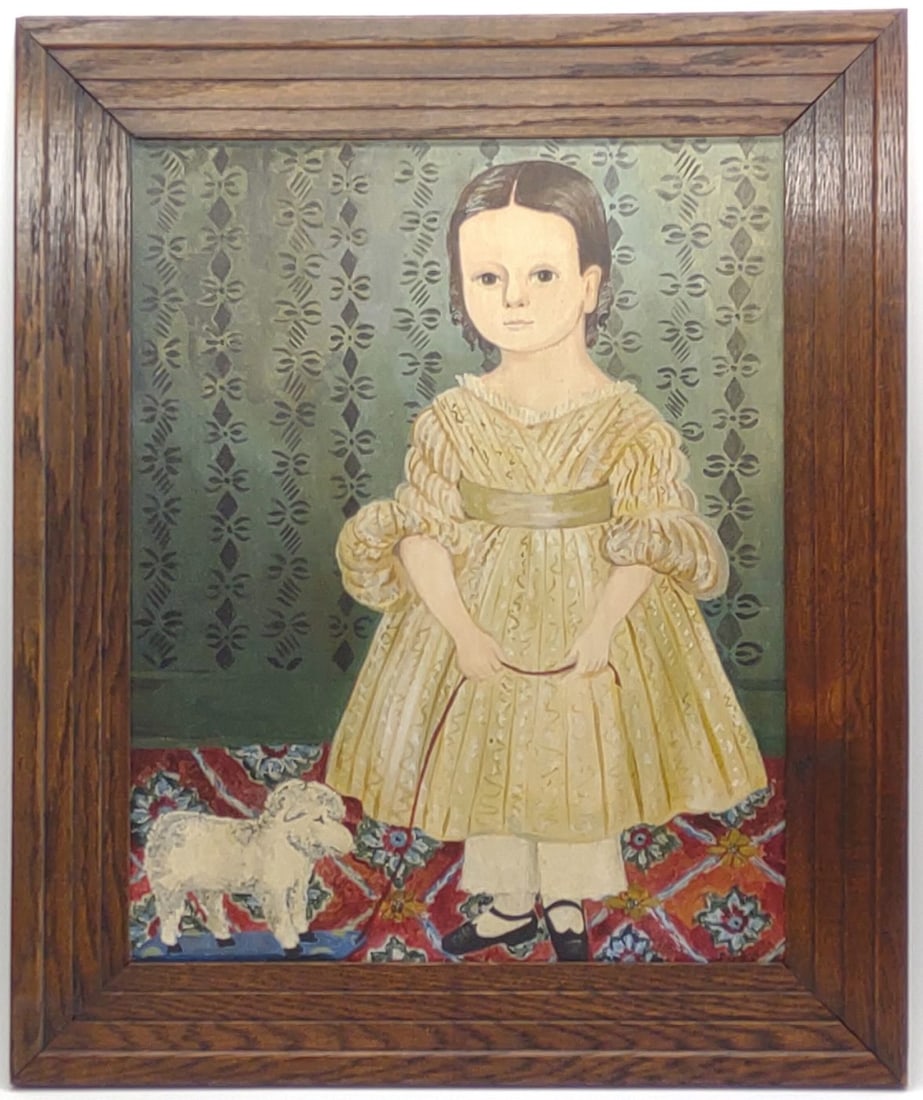 Jeanne Davies (b. 1936) Oil on Canvas Girl & Toy: Jeanne Davies (American, born 1936) original oil on canvas folk art portrait painting of girl in dress with pull toy. Signed "DAVIES" on lower right margin of canvas. Art is mounted in wooden frame. G