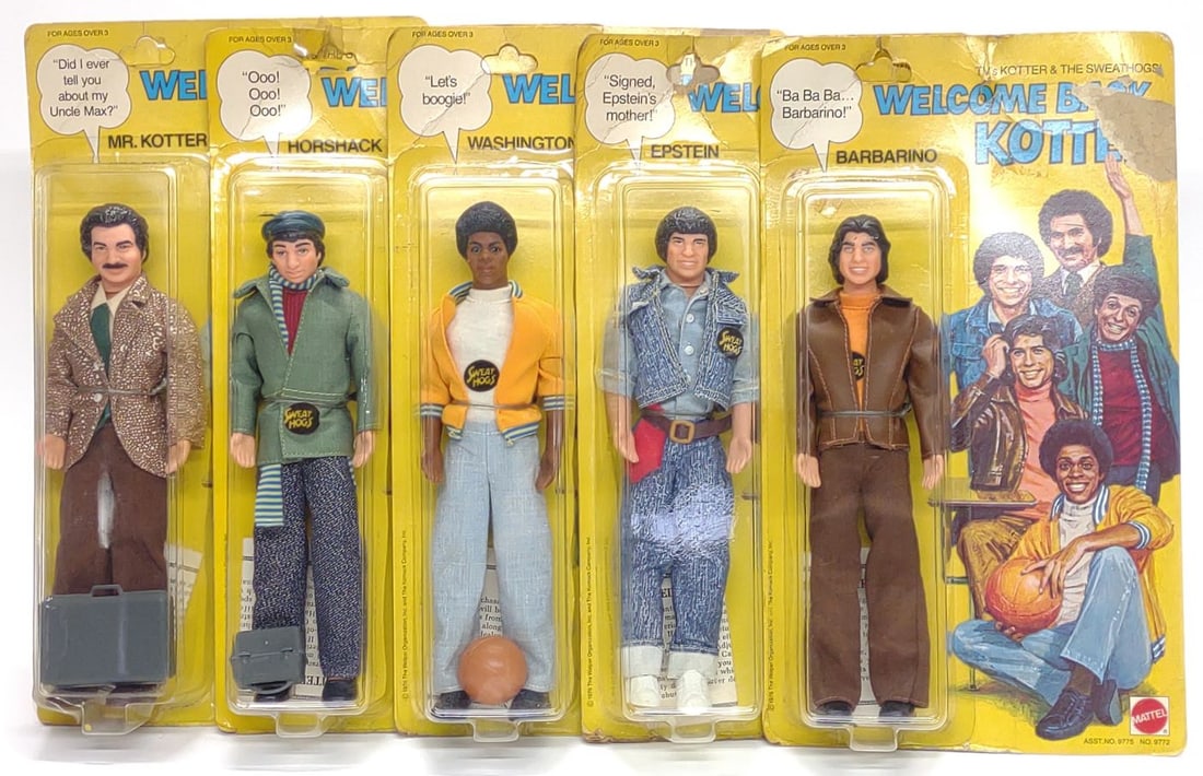 5 1976 Mattel Welcome Back, Kotter Action Figures: 5 Vintage 1976 Mattel Welcome Back, Kotter TV show action figures. All toy dolls are sealed in their original blister packs/cards. Characters include Barbarino, Epstein, Washington, Mr.Kotter, and Hor