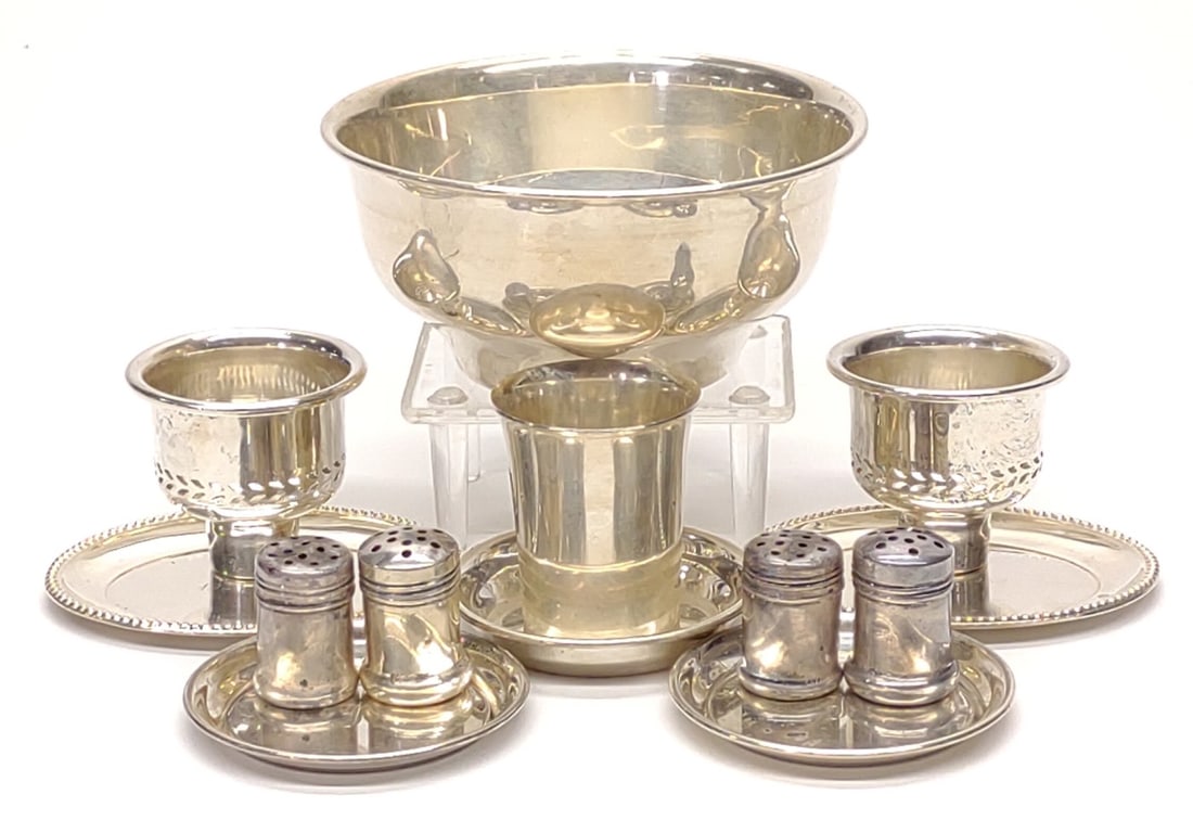 13 pc Sterling Silver Bowl, Cup, Shakers & Trays: Total weight: 10.23 troy ounces / 318 grams. All 13 pieces are of solid sterling silver, not weighted. Includes 4 3/4" wide sterling bowl, kiddush cup with plate, 4 small sterling shakers, 4 small tra