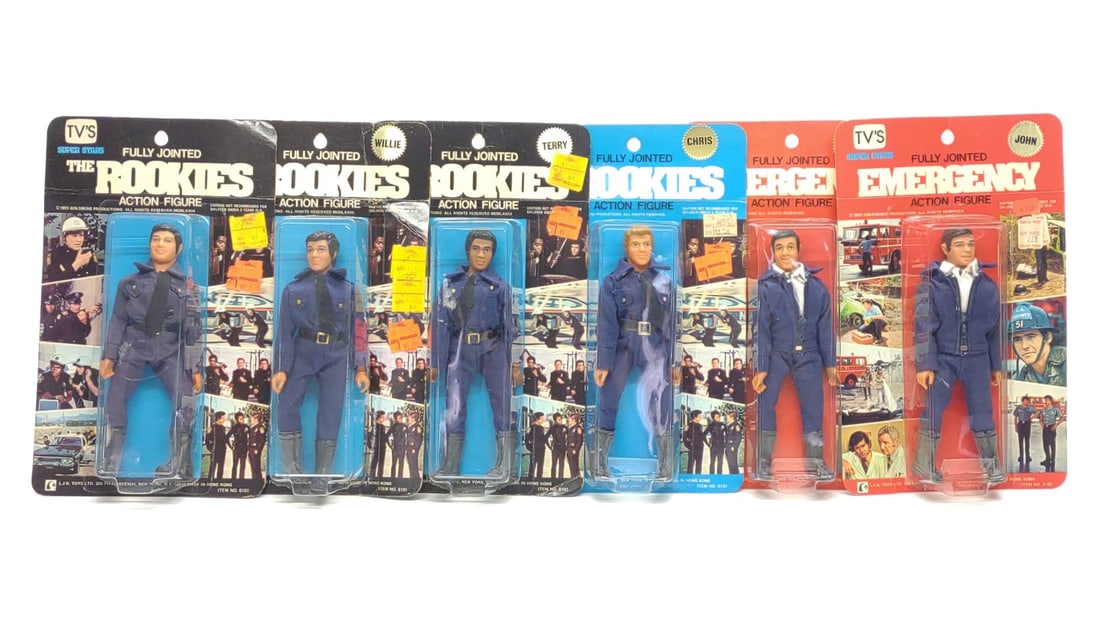 6 1973 LJN Rookies & Emergency TV Action Figures: 6 vintage 1973 LJN Toys Super Stars Emergency and Rookies TV show action figures, sealed in original blister packs/cards. Includes Roy, Chris, John, Willie, Terry, and Mike action figures. Each bliste