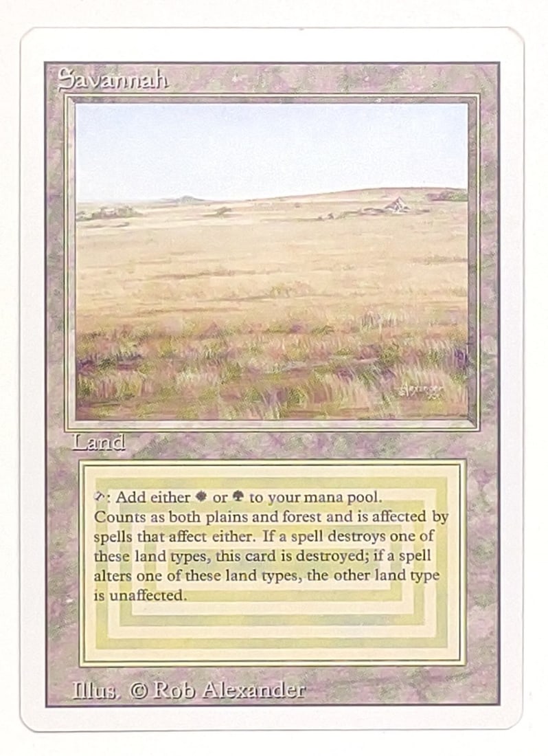 Magic The Gathering Savannah Revised Edition Card: Magic The Gathering (MTG) Savannah Dual Land trading card, revised 3rd Edition (1994). Card is sleeved. Card measures approx. 2 1/2 x 3 1/2 in. SHIPPING OPTIONS AVAILABLE: UPS 'Pack & Ship' or LiveShi