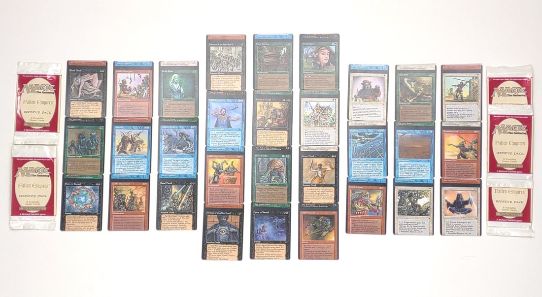 (30) Miscut Sequential MTG Fallen Empires Cards: (30) Sequential miscut / misprint error Fallen Empires (1994) Magic The Gathering trading cards. Cards are cut and misaligned with bottom of previous card continuing onto the top of next card. Some ca