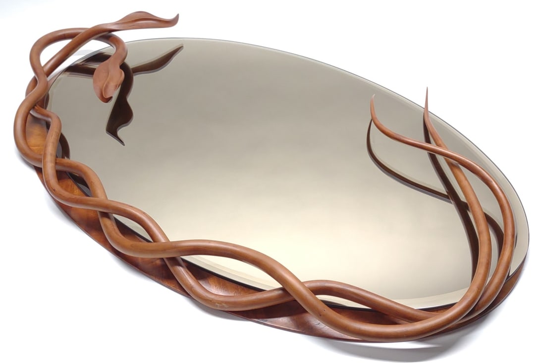 Vicco Von Voss Adam & Eve Cherry Wood Mirror Art: Vicco Von Voss (Chestertown, Maryland) "Adam & Eve" Cherry Bent Wood oval wall mirror art / sculpture. Reverse side is signed "Vicco Von Voss", dated with inset 2015 penny, and marked with Vicco Von V