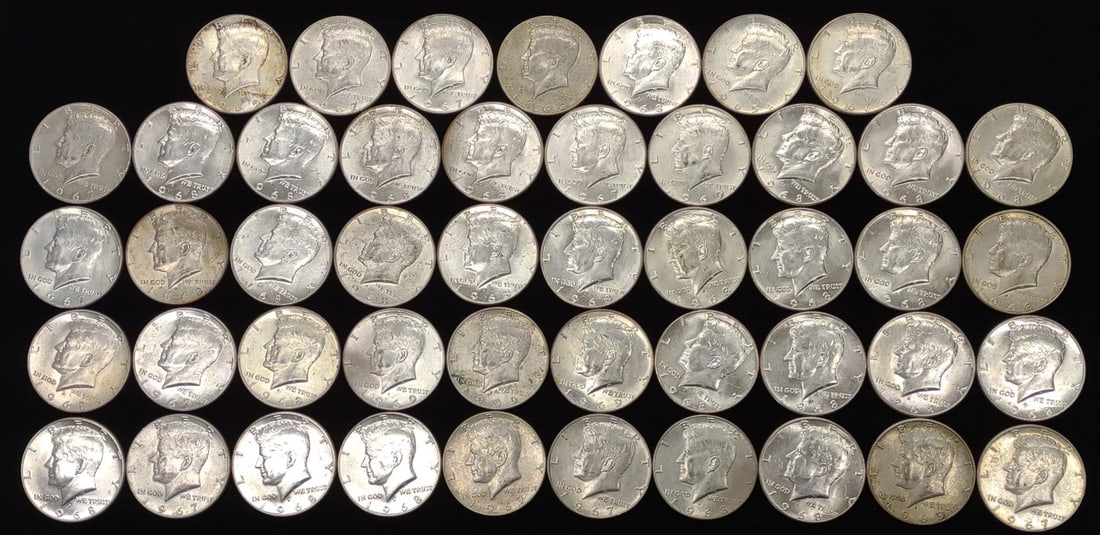 47 40% Silver Kennedy Half Dollar US Coins 1965-69: (47) 40% silver Kennedy Half Dollar US Coins including (2) 1965, (11) 1967, (29) 1968 D, and (5) 1969 D. 40% silver. FV: $23.50. SHIPPING OPTIONS AVAILABLE: UPS 'Pack & Ship' or LiveShipping. In-house