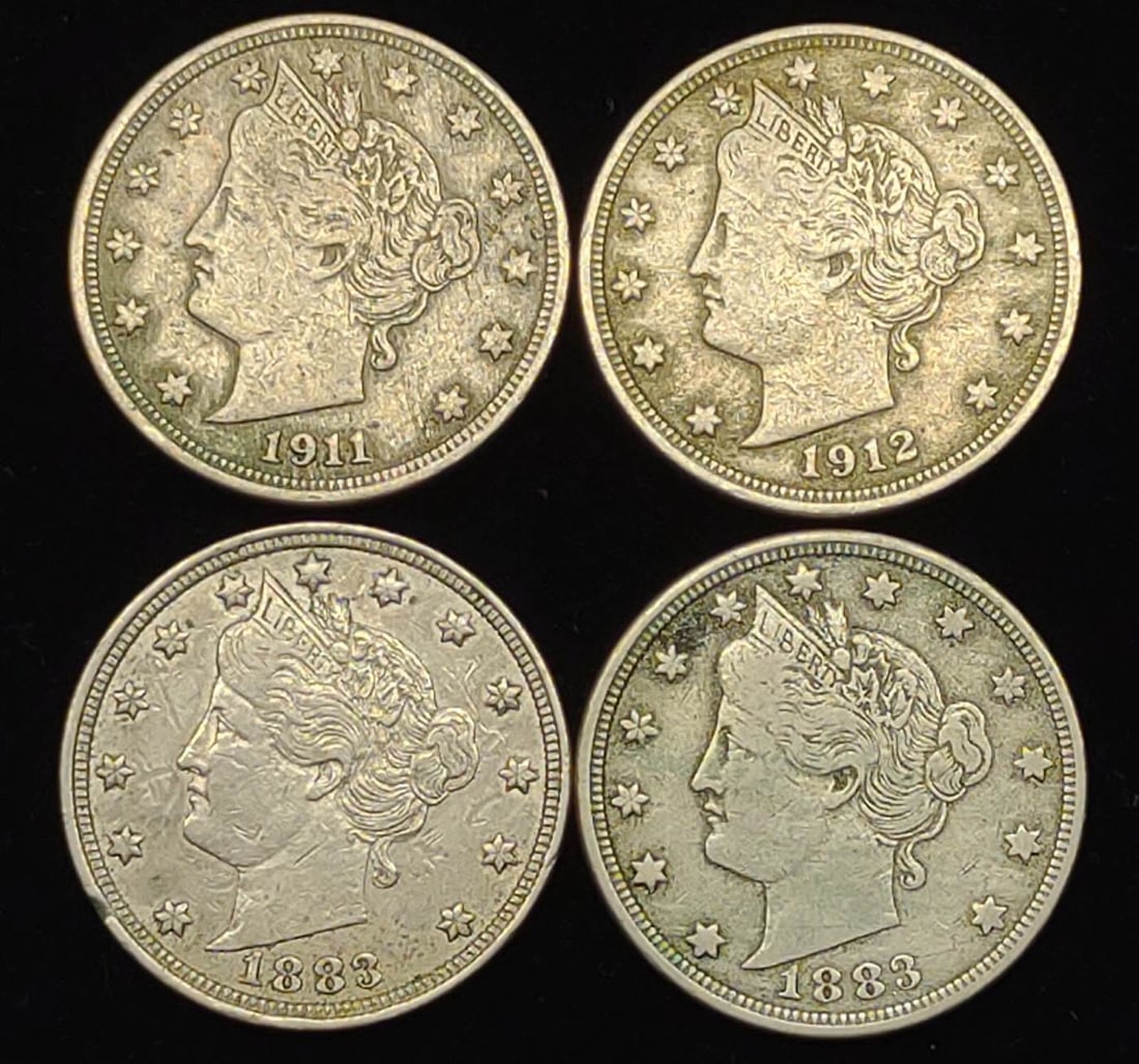 4 Liberty Head V Nickel US Coins 1883, 1911 & 1912: (4) Liberty head five cent V nickels. Includes (2) 1883 No Cents, (1) 1911, and (1) 1912. FV: $0.20. Designer: Charles E. Barber SHIPPING OPTIONS AVAILABLE: UPS 'Pack & Ship' or LiveShipping. In-house