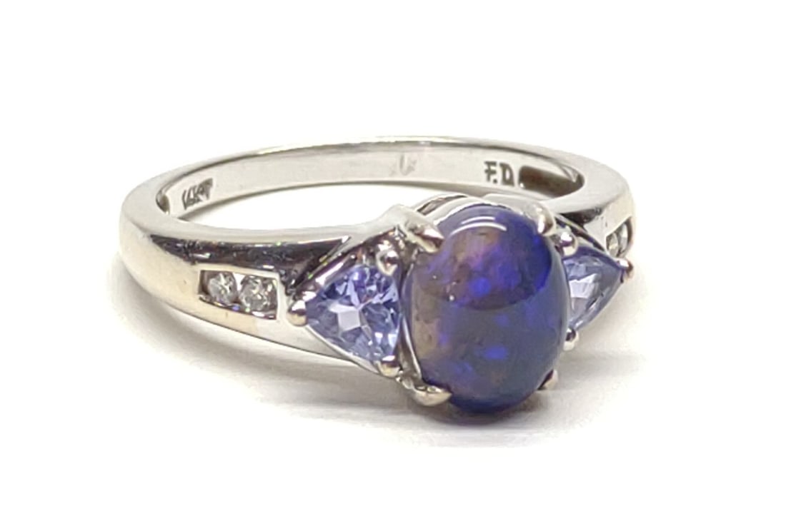 14K Gold Black Opal Amethyst & Diamond Ring sz 6.5: 14 karat white gold and black opal ring with amethyst and diamond accents. Black opal stone measures 6.3mm x 8mm. No chips or cracks. Inner band is marked "14kt" with makers mark. Has been tested for