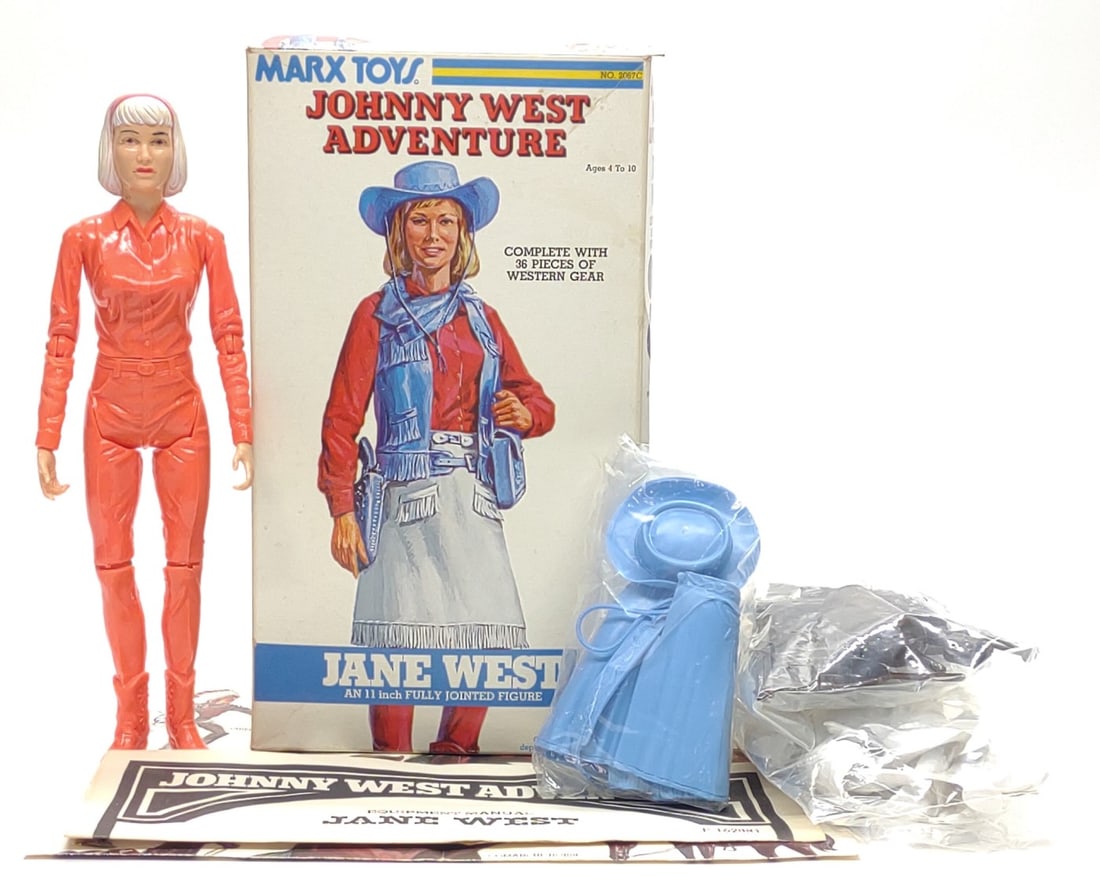 1975 Marx Jane West Action Figure Doll w/ Box: Vintage 1975 Marx Toys Johnny West Adventures Jane West action figure toy doll with original box and accessories. Salmon red color version. Includes Jane West action figure, all original accessories s