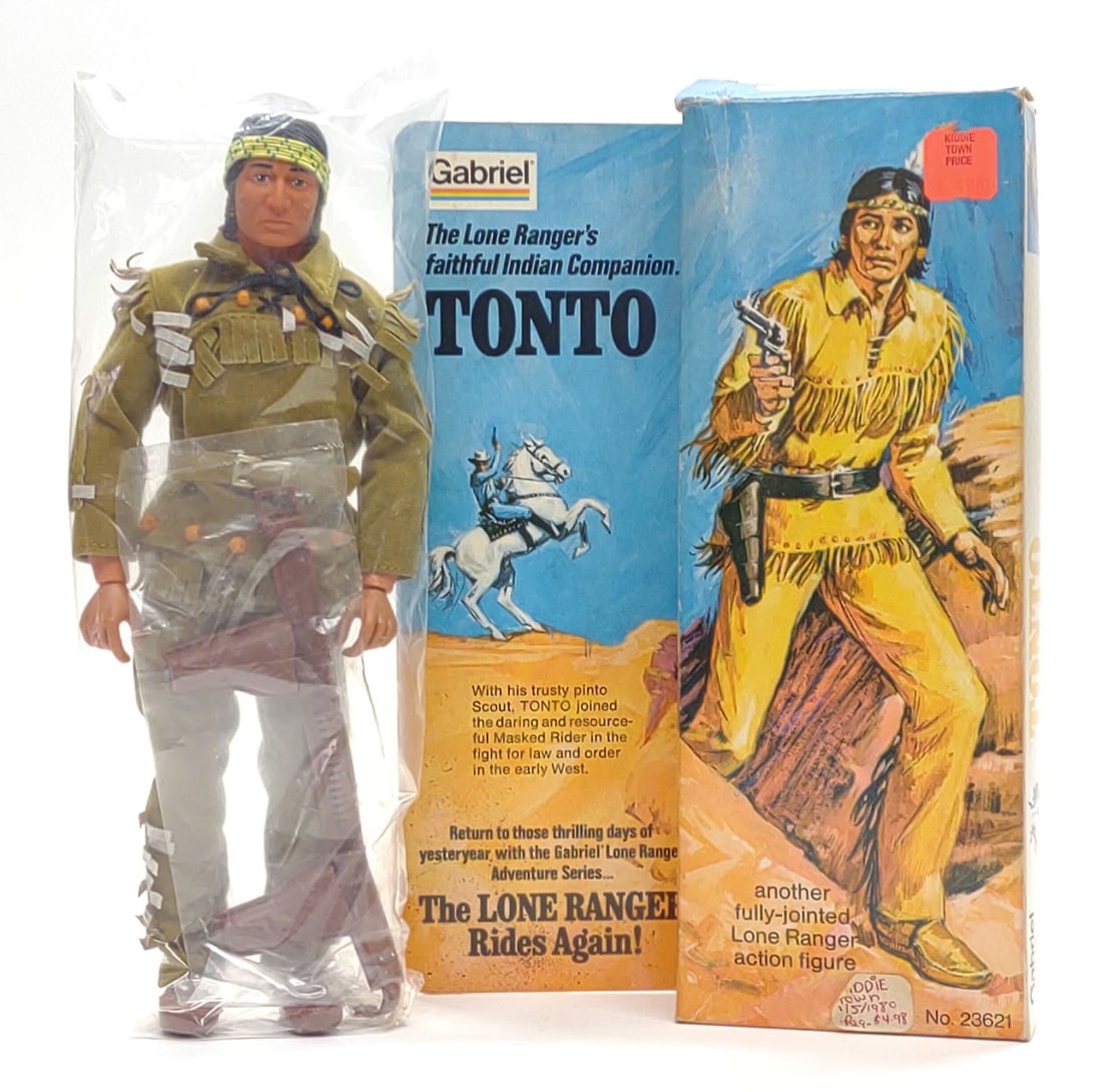 1975 Gabriel Tonto Lone Ranger Action Figure & Box: Vintage 1975 Gabriel The Lone Ranger Tonto action figure toy No. 23621 in original box. Includes Tonto action figure with all accessories. Accessories are factory sealed in package. Box measures appro