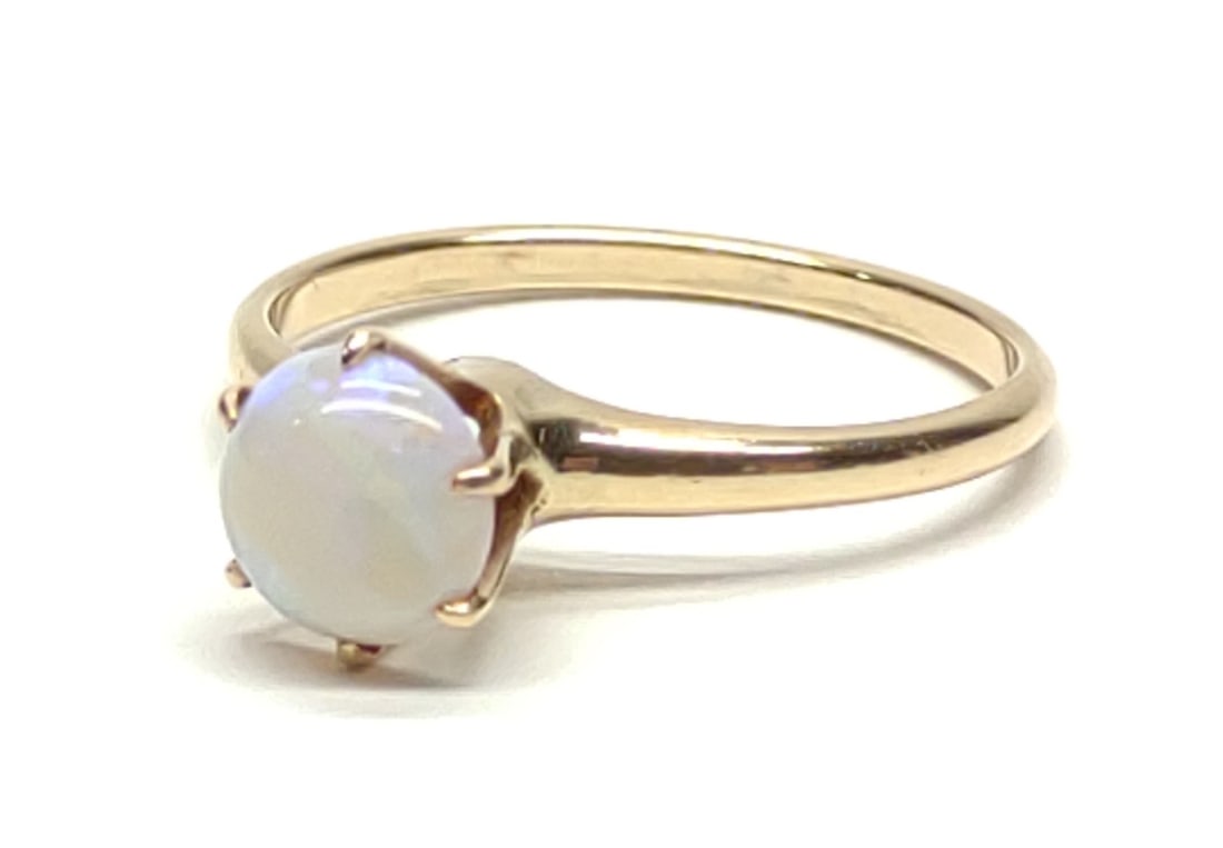 14K Gold Solitaire Opal (6.7mm) Ring (sz 6.75): Antique, 14 karat yellow gold high set solitaire opal ring. 6.7mm round opal, no chips or cracks. Unmarked. Has been tested for gold purity. Ring size 6.75. Total weight: 2.19 grams. SHIPPING OPTIONS