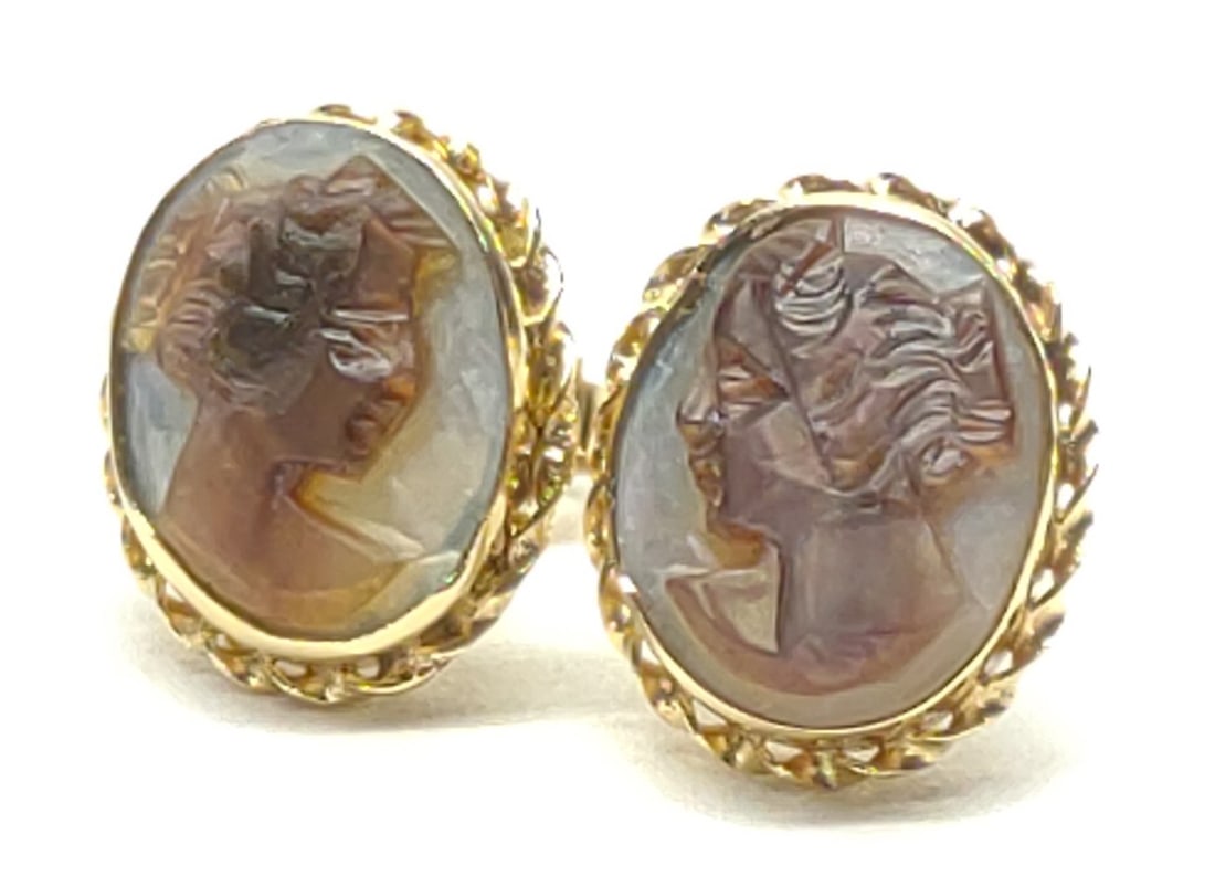 14K Gold Carved MOP Cameo Stud Earrings (1 of 7)