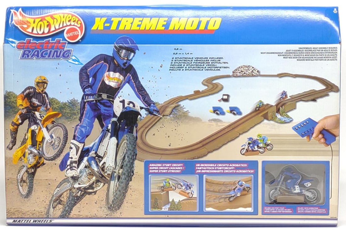 Sealed 2000 Hot Wheels X-Treme Moto Slot Car Set: Vintage 2000 Mattel Hot Wheels X-Treme Motocross slot car / dirt bike toy set, sealed in early design style box. Unopened. Box measures approx. 25 1/2 x 17 1/2 x 3 in. From private collection of forme
