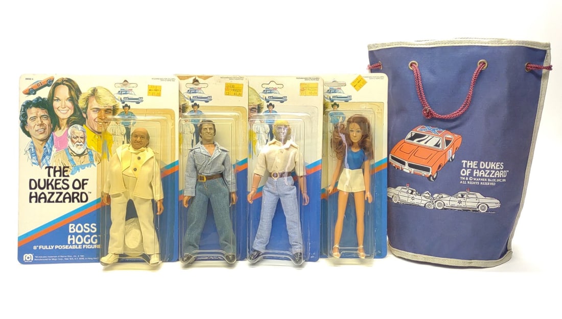 4 Mego Dukes Of Hazzard 8" Action Figures & Bag: 4 Vintage 1980 and 1981 MEGO The Dukes Of Hazzard 8" Action Figure toys and 1981 Warner Bros. Inc. pull string bag. Includes Bo, Luke, Daisy, and Boss Hogg action figures and The Dukes Of Hazzrd cloth