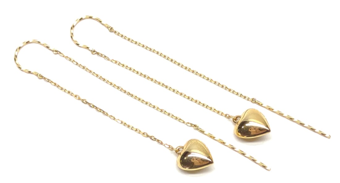 14K Gold Heart Dangle Threader Earrings: Pair of 14 karat yellow gold threader style heart shaped dangle earrings. Posts are marked "14K". Has been tested for gold purity. Total weight: 1.23 grams. SHIPPING OPTIONS AVAILABLE: UPS 'Pack & Shi