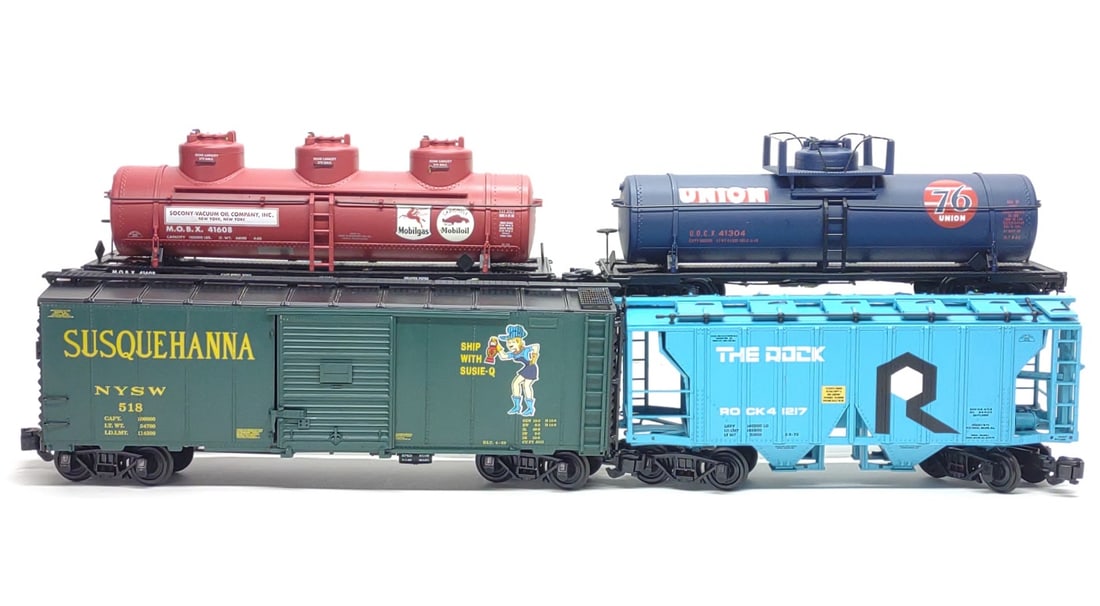 4 Aristocraft G Scale Boxcar & Tank Trains: 4 Aristo-Craft G scale train cars including 46029 Susquehanna Ship With Susie Q Boxcar, 41217 Rock Island 2-Bay Covered Hopper, 41304 Union 76 Oil Single Dome Tank Car, and 41608 Mobil Triple Dome Tan