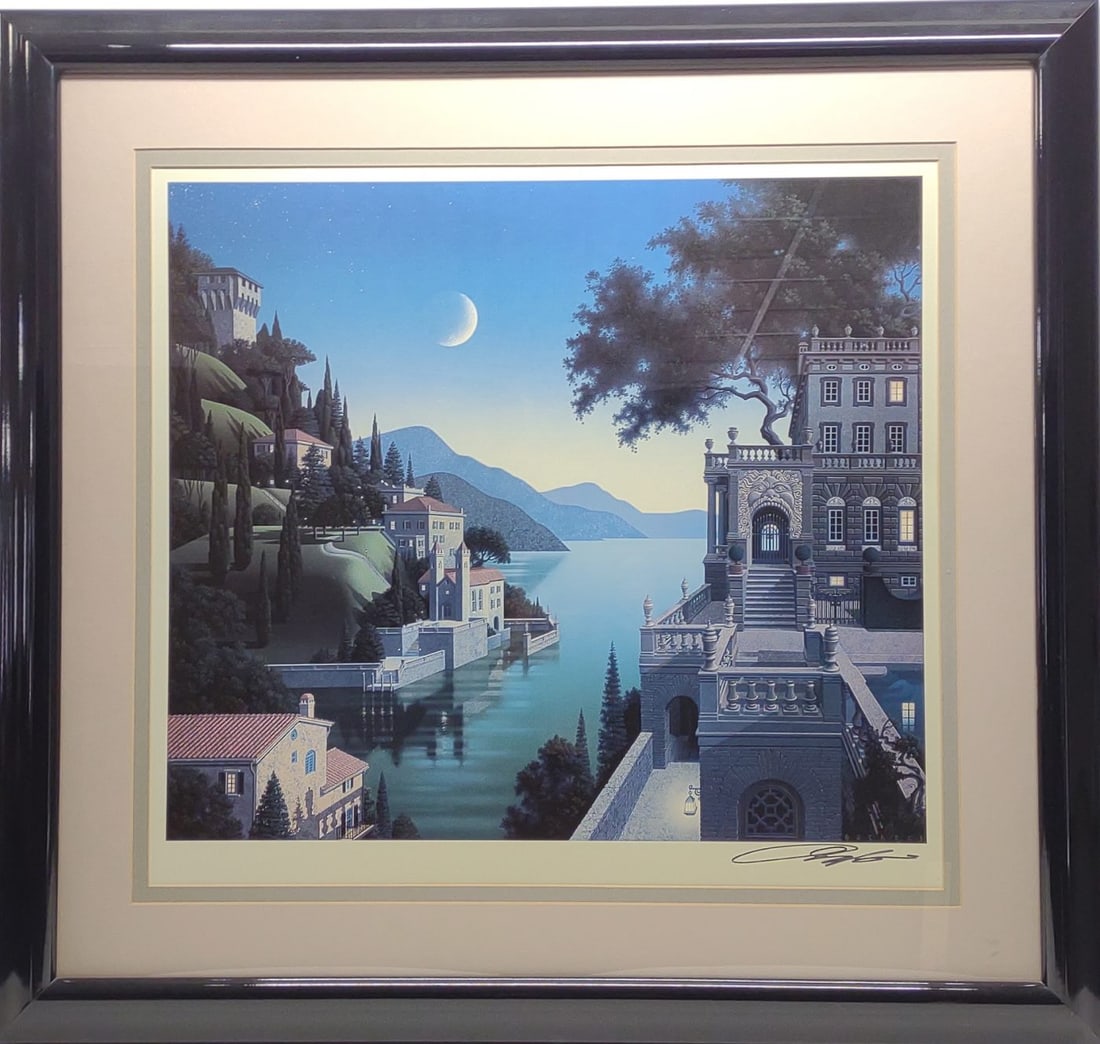 Jim Buckels Signed Princes Kept The View Serigraph: Jim Buckels signed "Princes Kept The View" framed serigraph in frame. Depicts neo-surrealist valley landscape under moonlight. Artist signature on lower right margin. Backside of frame displays Ross G