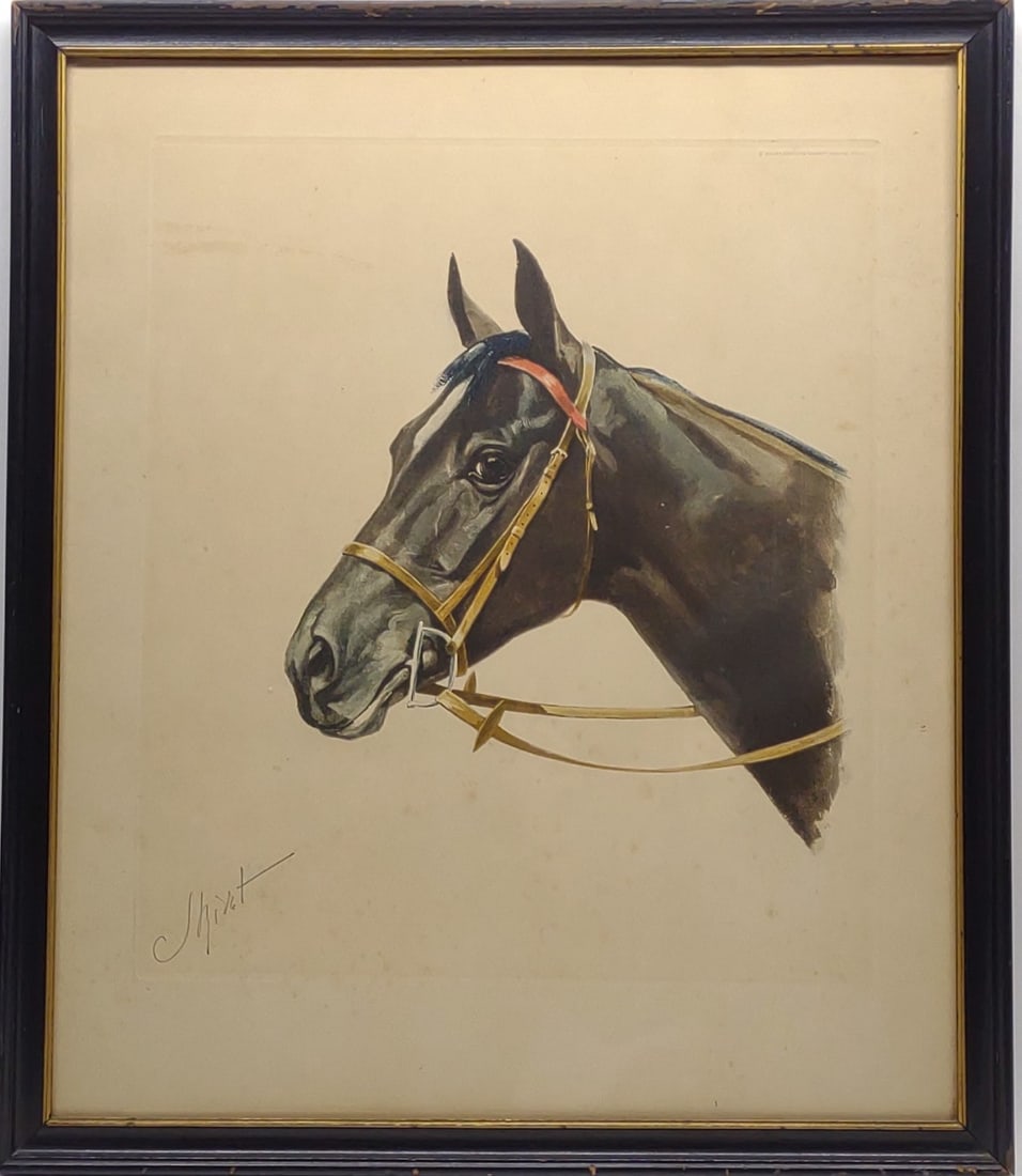 Jean Rivet Signed Horse Portrait Colored Etching: Vintage 1938 French artist Jean-Marie Rivet pencil signed colored etching of equestrian horse portrait, framed. Artist's signature located on bottom left corner. Lithograph is marked "1938 Madsen.374