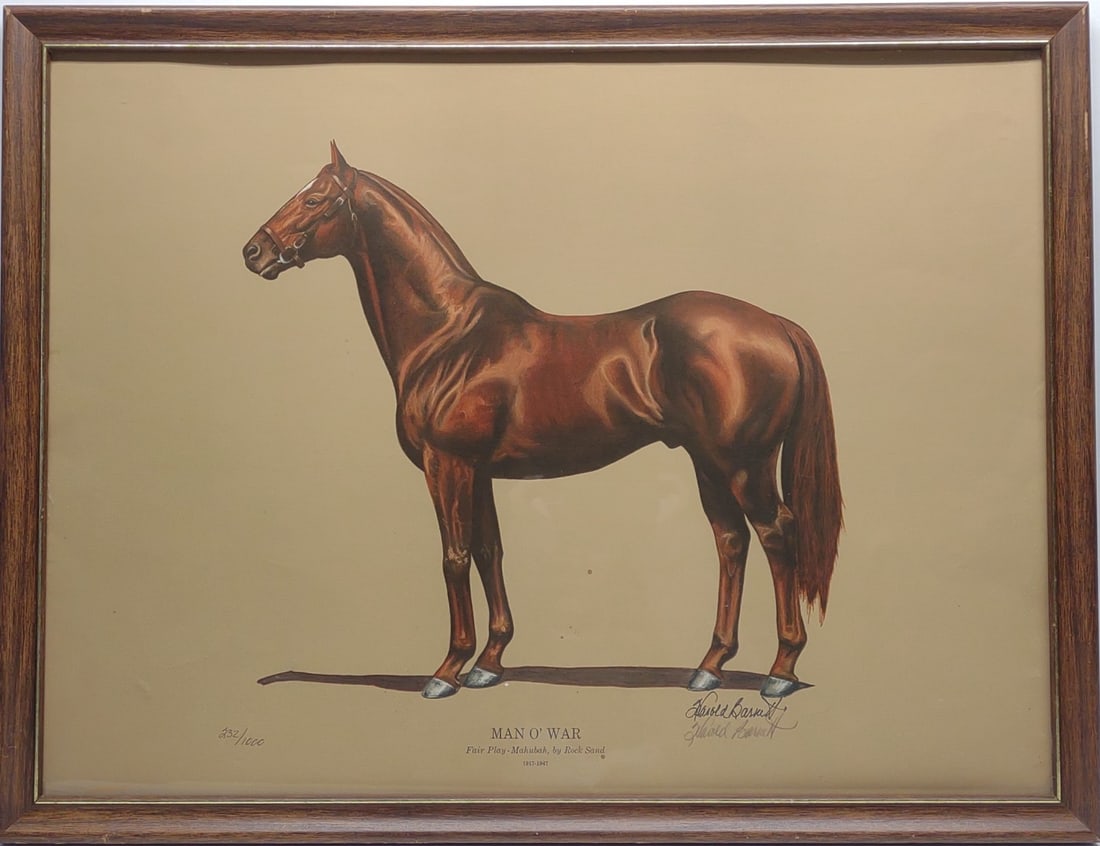 Harold Barnett Signed Man O War Race Horse Print: Vintage Harold Barnett pencil signed and numbered equine portrait lithograph print in frame. Titled "Man O' War". Depicts Samuel Riddle's Thoroughbred champion race horse Man O' War. Artist's signatur