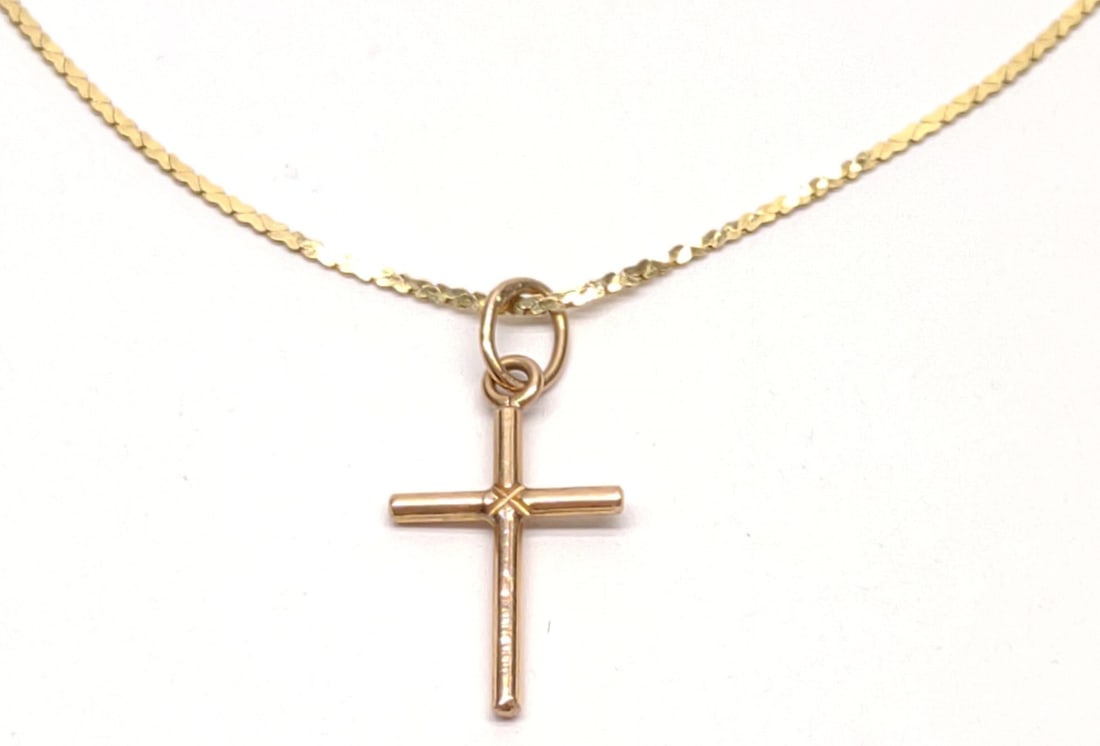 14K Yellow Gold Cobra Chain & 14K Cross Pendant: 14 karat yellow gold cobra pattern 1mm necklace chain with 14k yellow gold religious cross pendant. Chain measures 18" long. Clasp is marked "585 Italy Balestra". Pendant is unmarked. Both have been