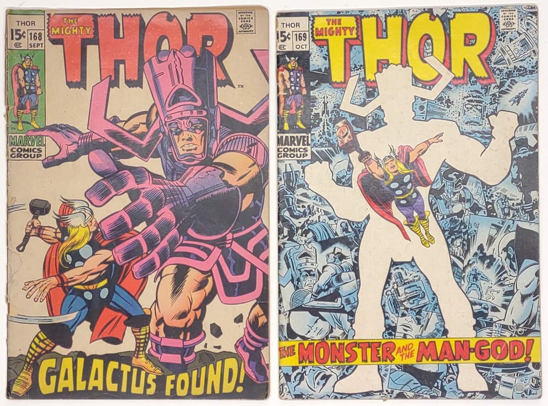 (2) Mighty Thor #168 & #169 Marvel Comic Books: Two Marvel Comics Thor (1966) #168 & #169 comic books. (Key facts: #168: 1st appearance of the Thermal Man, Often cited as the origin of Galactus. #169: Origin of Galactus, specifically when he was Ga