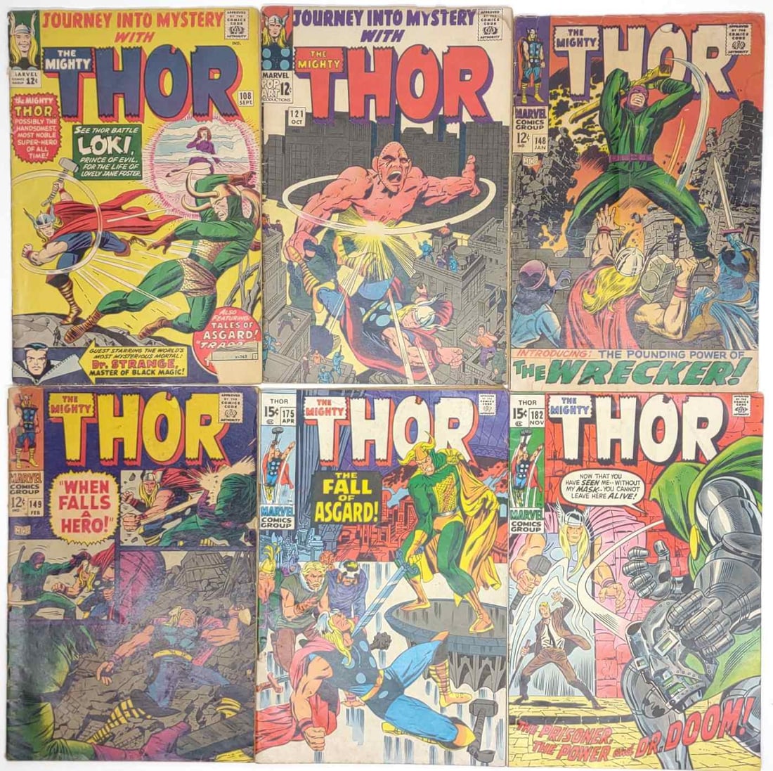 6 Journey Into Mystery & Thor #108-182 Comic Books: (6) Marvel Comics Journey Into Mystery (1952) and Thor (1966) comic books. Includes Journey Into Mystery #108 & #121, and Thor #148, #149, #175, and #182. Cover prices: 12 and 15 cents. All are bagged